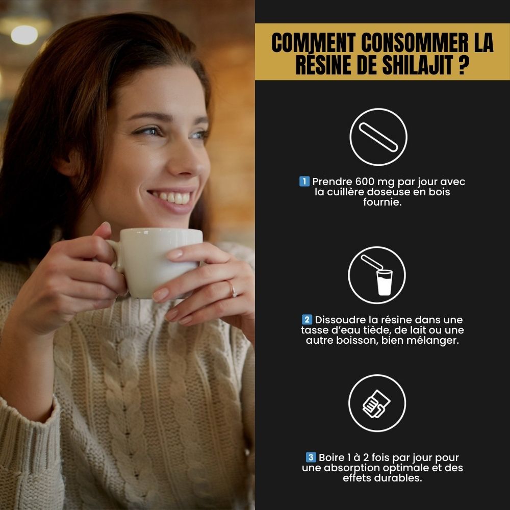 Femme buvant une boisson chaude contenant du Shilajit – instructions d’utilisation : 600mg par jour à dissoudre dans eau, lait ou tisane.